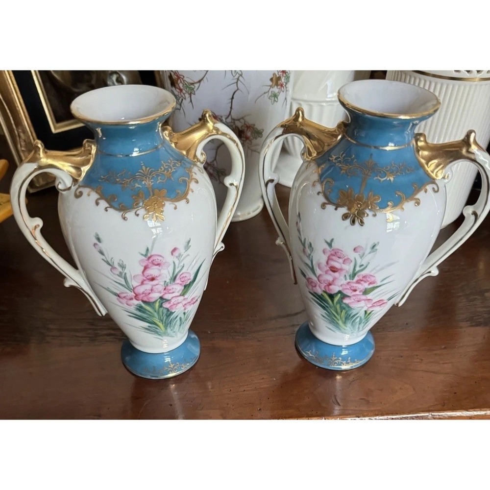 Vintage Japan Porcelain Mantle Vases Pair Hand Painted Blue Gold Gilt Floral 6"